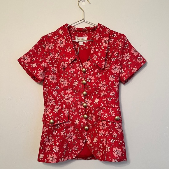 NWT! Julie Brown NYC Red Floral suit / mini skirt set. Gold thread. Sz Small ♥️ - Picture 4 of 11